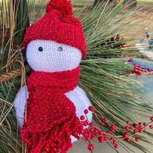 13” Hand Knit Holiday Snowman with Red Hat and Scarf