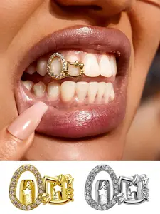1Pc Women's Teeth Grillz Hollow Cat Face Design, 14k Copper Material Zirconia Craftsmanship, Hip Hop Fashion Accessory
