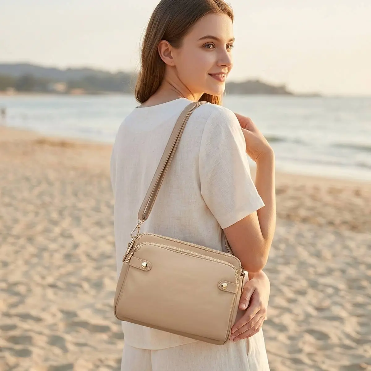 Vintage Plain Polyester Crossbody Bag for Women, Lightweight Shoulder Purse with Zippered Multi-Pockets and Adjustable Strap for Everyday Carry, Retro, Street, Brown, Casual, Messenger, Khaki, Sporty Chic, Everyday Bags, Purse Shoulder Bag