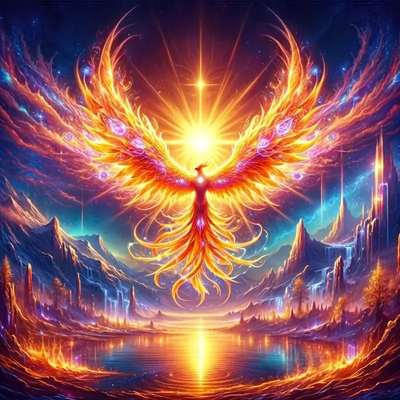 Phoenix Rising with Fiery Wings Over Mountain Lake Diamond Painting Kit for Easter & Spring, 5D Full Drill Art with Cosmic Starry Sky & Glowing Gem Details, Home Wall Decor, Rebirth-Themed Crafts & Gift for Spiritual Seekers, Diy Diamond Art
