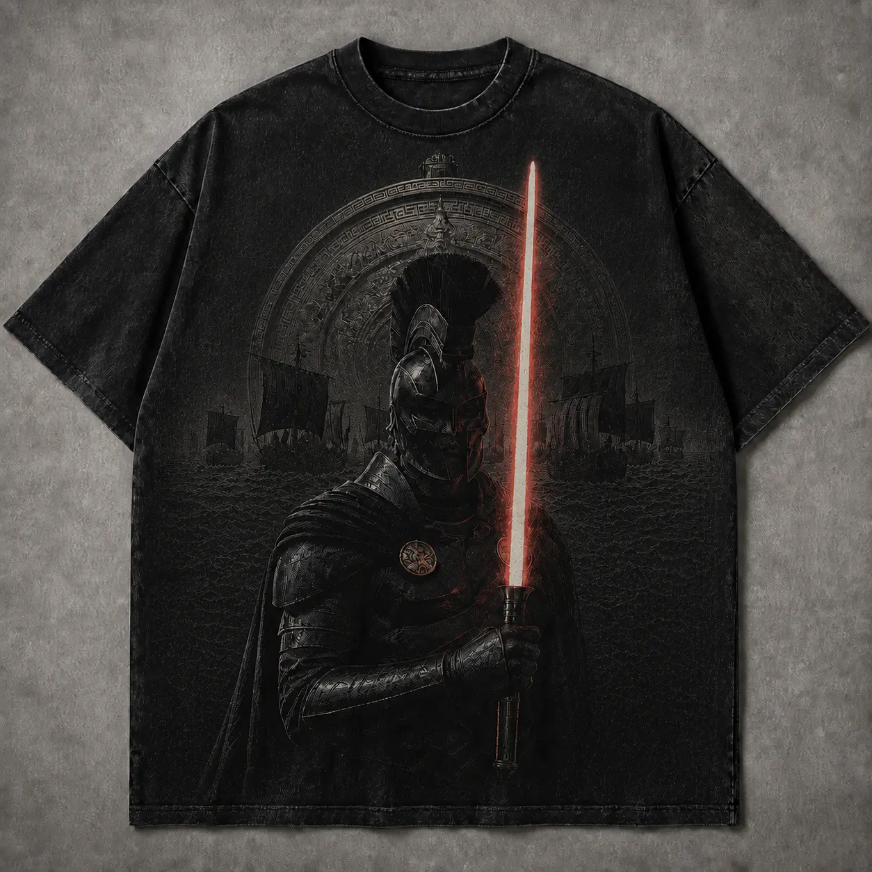 Odyssey-Inspired Agamemnon Greek Warrior Graphic T-Shirt, Men’s Vintage Washed Black Oversized Streetwear Tee