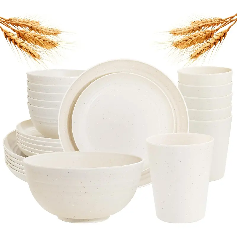 24 Pcs Wheat Straw Dinnerware Sets, Unbreakable Reusable Plastic Wheat Straw Bowls & Plates Dinner Set, Microwave And Dishwasher Safe Plates, 12Plates, 6Bowls, 6Cups for Party(Beige)