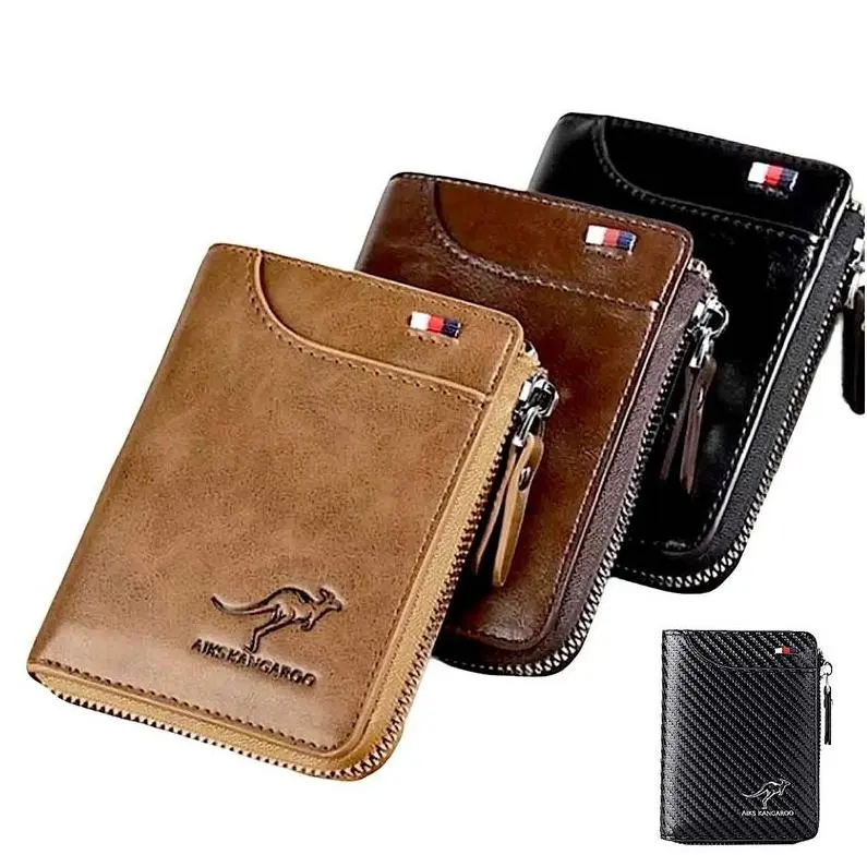 Men's Slim RFID Blocking Leather Wallet - Waterproof Zipper Compartment | Multiple Card & ID Slots | Everyday Essential