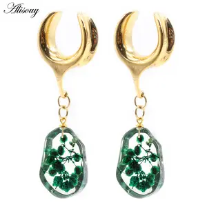 Alisouy 1PC Stainless Steel Green Flower Crystal Pendant Saddle Ear Tunnel Plug Expander Stretchers Gauges Piercing Body Jewelry