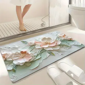 Rectangle Diatomaceous Earth Bath Mat - Anti-Slip, Eco-Friendly, Soft Polyester, Quick-Dry, Classic Flower Print, Machine-Washable, Absorbent Bathroom Area Rug for Mint Green and Pink Decoration