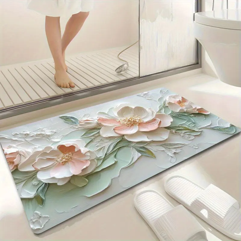 Eco-Friendly Rectangle Diatomaceous Earth Bath Mat - 1700g, Antimicrobial, Non-Slip, Soft Polyester, Quick Dry, Classic Flower Print, Machine-Washable, Absorbent Home Supplies, for Mint Green/Pink Decor Bathrooms/Door Use, Dry in Shade, Do Not Bleach