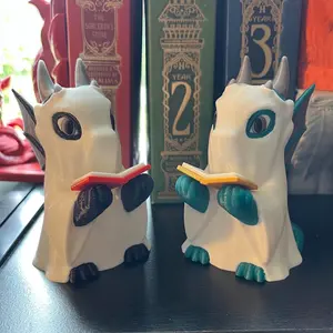 Chibi Spooky Reading Dragon Bookshelf Decor - Cute Magical Dragon Ghost Figure - 3D Printed Bookish Decor