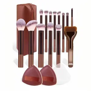 New Makeup Brush Set with 2 Leather Cases and 2 Beauty Sponges, 14 Animal Hair Brushes, Essential Daily Makeup Tool, Makeup Brush Kit