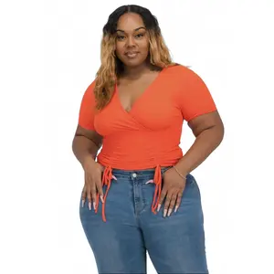 Curvy Ribbed Ruched Drawstring Surplice Top {BT3335X}