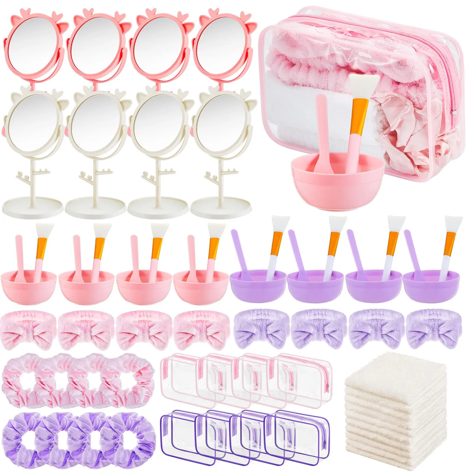 36/48 Pcs Spa Party Favors Sleepover Party Supplies for Women Girls Bridesmaid Gift Set with Mixing Bowl Silicone Brush Scraper Headband Scrunchies Mirror Cosmetic Bag Face Towel for Birthday Bachelorette Bridal Shower Party Gifts
