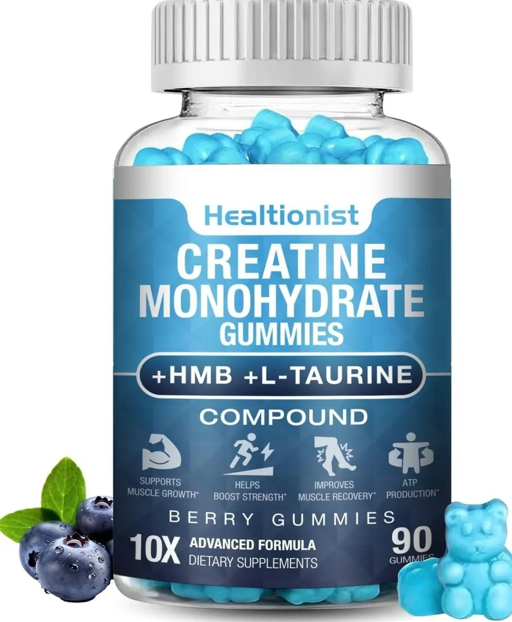 Healtionist 1 Pack 8000MG Creatine HMB Monohydrate Gummies for Men & Women,L-Carnitine, L-Taurine & Vitamin B6 12, 90 Blueberry Flavor Counts Supplement Gummies (30-Day Supply)