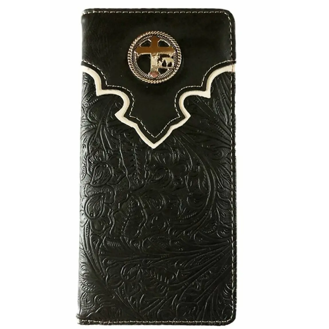 Western Bifold Men's Wallet Cross & Praying Cowboy Design Black Checkbook Style