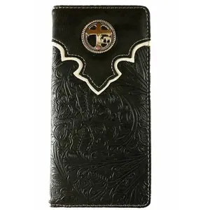 Western Bifold Men's Wallet Cross & Praying Cowboy Design Black Checkbook Style
