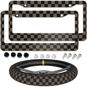 Checkered Brown License Plate Frames 2pcs Checkered License Plate Frame Women Checkerboard Steering Wheel Cover Car Accessories Cars Decoration Aluminum with Fits Standard Us Ca Vehicles