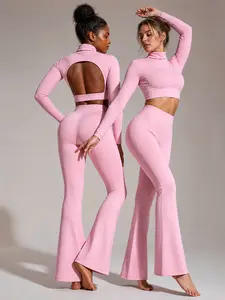 AIRILA Open Back Flare Yoga Set | Buttery Soft Mock Neck Long Sleeve Top + High Waist Flare Leggings, Built-in Bra Tummy Control Workout Outfit