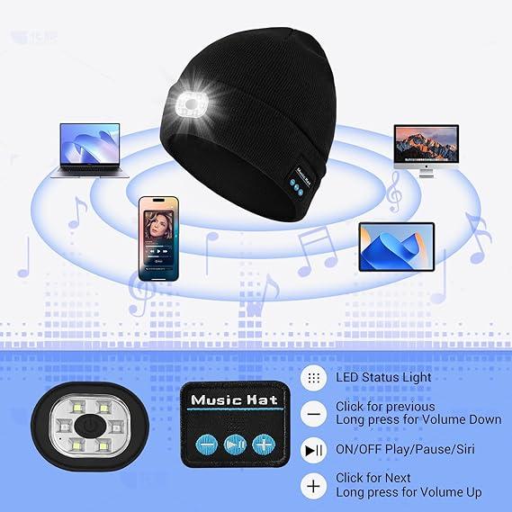 Bluetooth Beanie with a Light, Unisex USB Rechargeable 4 LED Fashlight Hat with Cordless Headphones, Unique Christmas Birthday Gifts for Men Him Husband Teen Black
