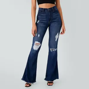 SHAPUM Women's Streetwear Ripped Flare Jeans 34.5" Mid Rise Bootcut Bell Bottom Denim Pants for Trendy Outfits