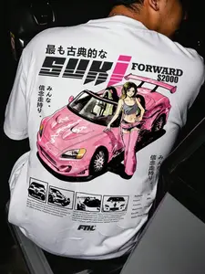 Speed & Passion S2000 Car Comic Print Short Sleeve Men's Retro American High Street Streetwear Loose Fit T-Shirt, Long Sleeve, Street Style, Menswear
