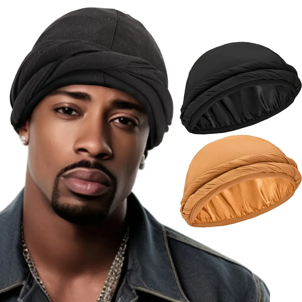 2pcs Satin Lined Halo Turban Head Wrap Pre-Tied Skull Cap for Men and Women Sleeping Bonnet Hair Cover Chemo Hair Loss Hat