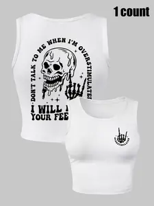Women's Halloween Themed Skeleton & Letter Print Cropped Tank Top, Casual Aesthetic Sleeveless Top for Summer, Ladies Clothes for Daily Wear, Socks