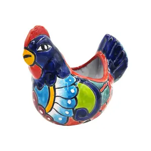 Mexican Talavera Gallina Chica (Small Chicken) Mexican Planter Pot Hand Painted  Décor Hen Planter - Red Trim