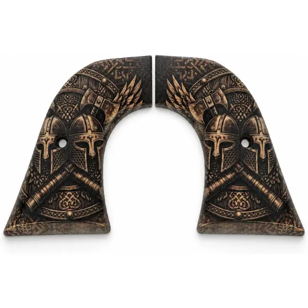 Ruger Wrangler Replacement Panels | Black ABS | Crusader Helmets & Battle Axes | Brown Patina | UV Printed | Fits Wrangler & Super Wrangler | Includes Installation Screw