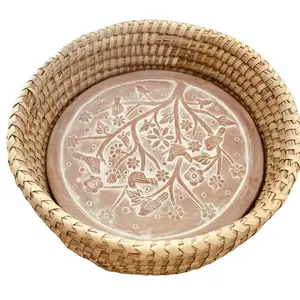 Bread Basket with Terracotta Warmer, Engraved with Nature-Inspired Birds of a Feather Design