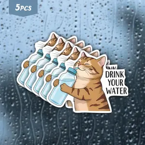 5Pcs "Drink Your Water" Tabby Cat Waterproof Vinyl Sticker, Cute Hydration Reminder Cat Self-Adhesive Decal, Suitable For Water Bottles, Laptops, Journals, Ideal For Cat Lovers, Self-Care Fans And Positive Vibe Enthusiasts