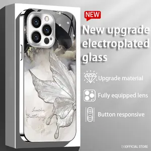 Elegant Marble Print with Butterfly Design Phone Case for Apple iPhone 13/14/15/16 Pro/17 Pro Max, Sleek Glass Back, Full-Body Protection, Fashionable Case for Women