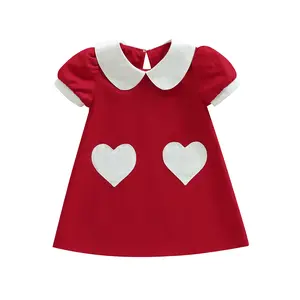 FOCUSNORM Toddler Baby Girl Valentines Day Dress Short Sleeve Doll Collar Love Heart Embroidery Smocked Dress Valentines Day Outfit Clothes