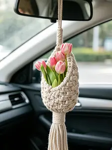 Cute and charming rearview mirror hanging charm for cars; Bohemian handmade woven pendant; flower pot hanger; bird nest mesh pouch; cotton rope wall hanging; decorative tassel for guesthouses; pure cotton mesh pouch, Cars Accessories, Car Decorating