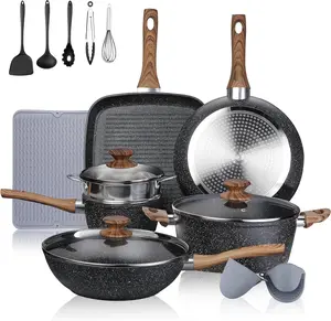 Cookware Sets - 16 Pieces Pots and Pans with Utensils and Steamer, Nonstick Cast Aluminum Kitchen Cookware with Bakelite Handles, Non Toxic, PFOS/PFOA Free