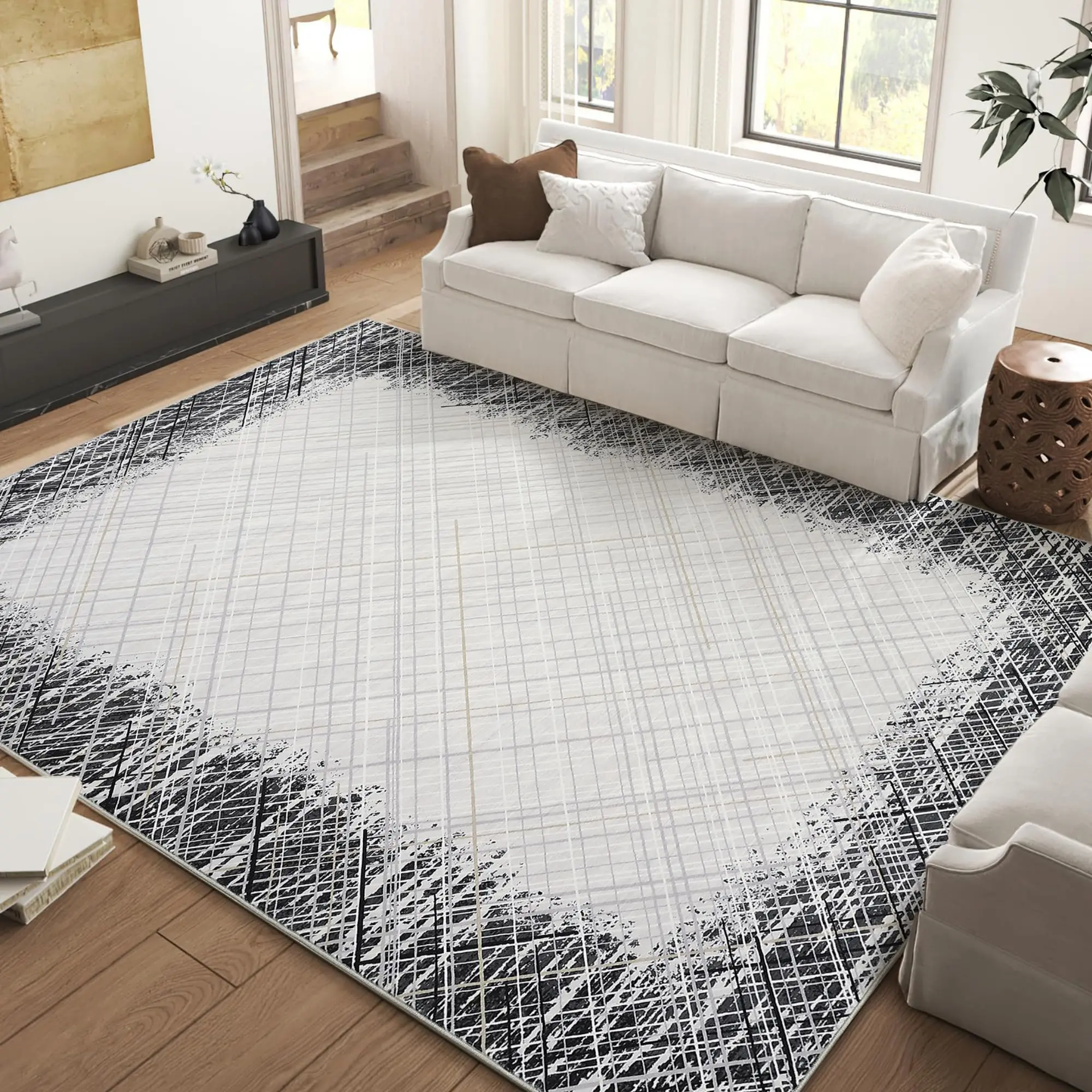 Washable Area Rug 8x10 Large Living Room Rug Non Slip Stain Resistant Floor Cover Modern Abstract Foldable Mat Low Pile Ultra Soft Carpet for Bedroom Apartment Dining Room, Gray