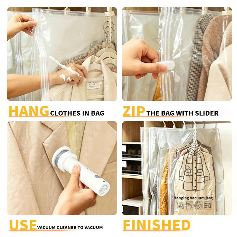 4 Pack Hanging Vacuum Storage Bags for Clothes, Long Clear Garment Vacuum Seal Bags with 4 Sealing Clips for Coats, Suits, Dresses and Jackets