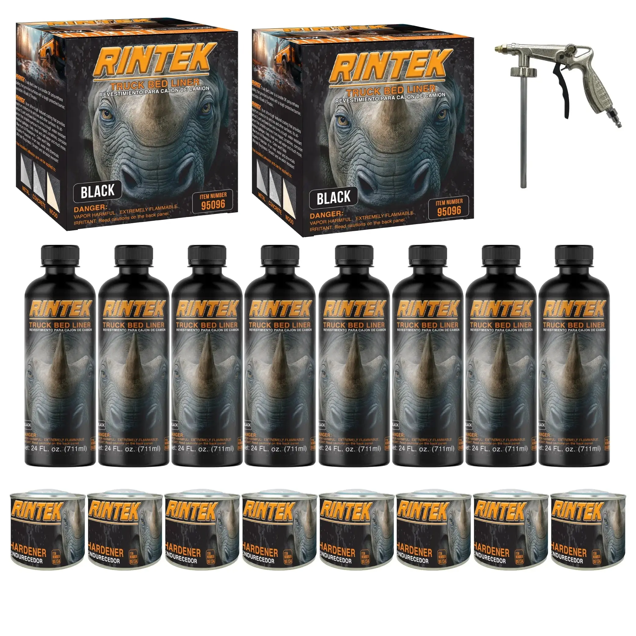 RINTEK 2gal Urethane Texture Spray-On Truck Bed Liner Car Care Kit - Black Coating, 8 Liners, 8 Hardeners, 1 Applicator Gun, Weatherproof, 3:1 Easymix Ratio, Mix-Shake-Shoot System