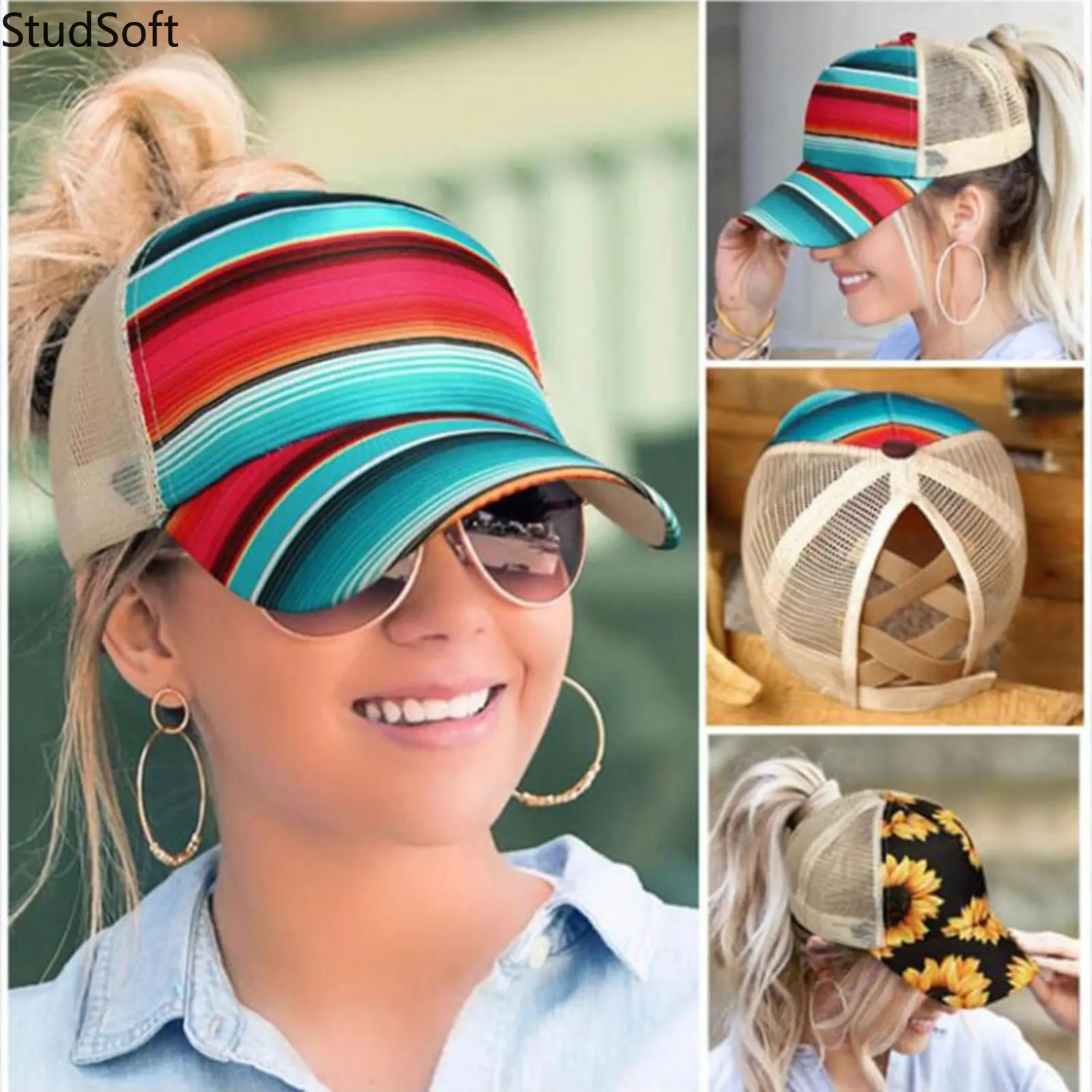 2026 New Digital Printed Sunflower Baseball Cap - Casual Sports & Outdoor Mesh Trucker Hat, Multi Color Striped Lightweight Ponytail-Friendly Sun Visor, Breathable Mesh Snapback Casual Hat, Mesh Snapback Cap, Multi Color Hats