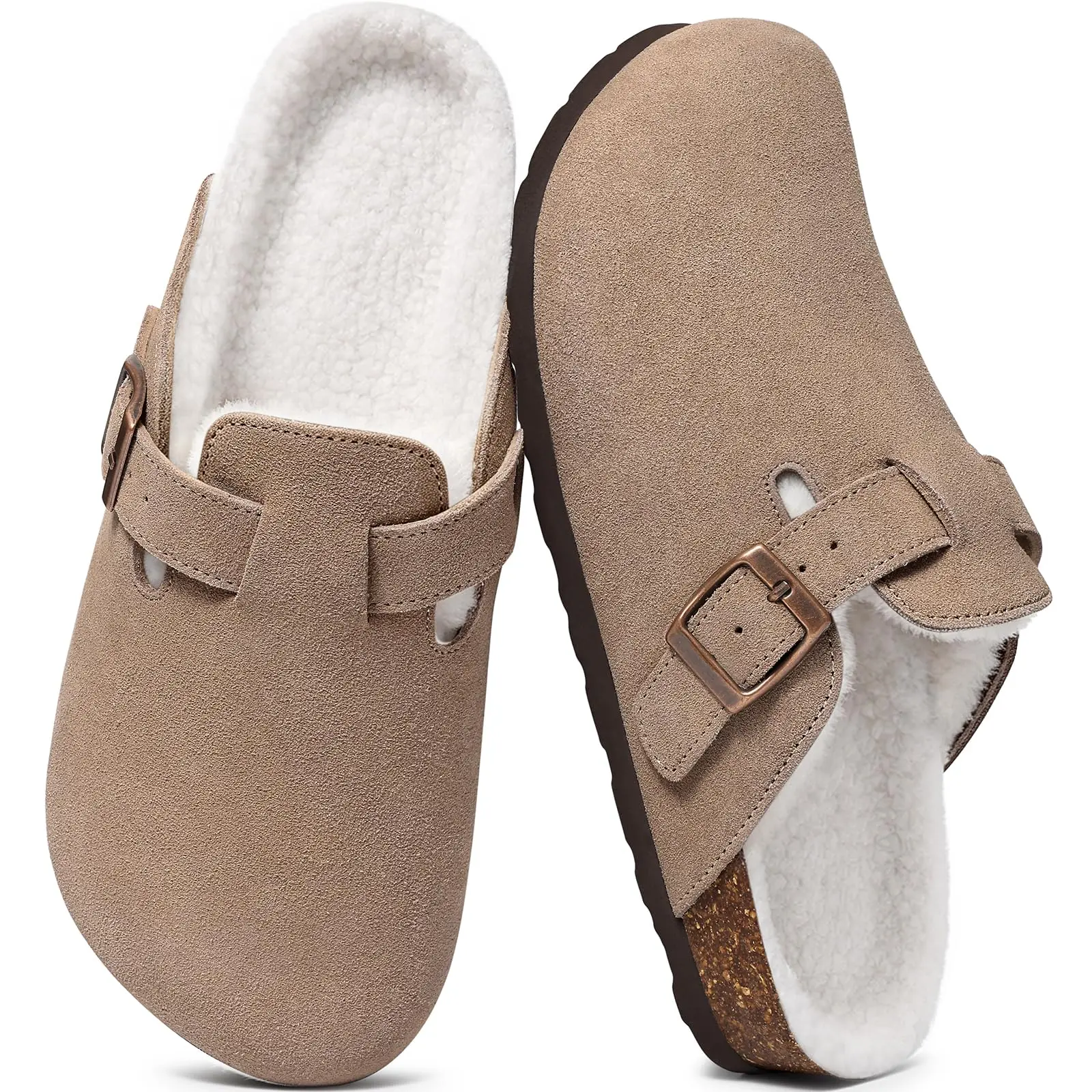 KIDMI Women's Fur Lined Genuine Suede Clogs Fuzzy Cork Footbed Potato Shoes | With Arch Support,Indoors & Outdoors,Rubber Soles,Easy To Slip On And Off,All Day Comfort.