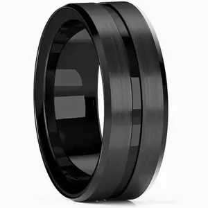 Black 8mm Stainless Steel Wedding Band for Men - Double Black Grooved Design, Beveled Edge