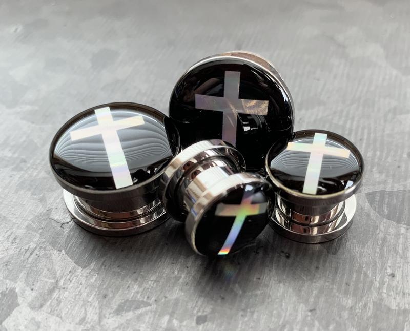 PAIR of Stunning Hologram Cross Screw Fit Surgical Steel Tunnels/Plugs - Only 0g(8mm) Left In Stock!
