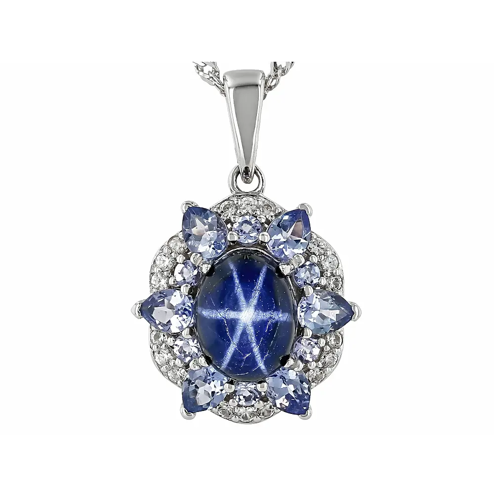 JTV Blue Star Sapphire Rhodium Over Silver Pendant With Chain 1.35ctw
