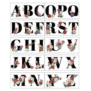 10 Sheets UV DTF Cup Wrap Transfer Sticker, 26 Letters with Flower Rub on Transfers Decal for 16OZ Glass Cups Furniture Craft  DIY Crafts 24x11cm/9.4x11inch