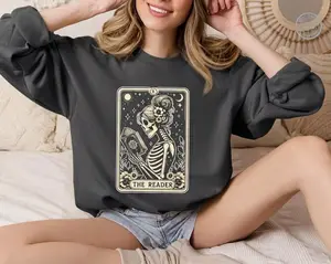 Gildan Lady Women's Longsleeves Cotton Sweatshirt - Ribbed Round Neck, Skeleton Tarot Card Reader Design, Smooth Spandex-Yarn Fabric, Dress-Inspired Silhouette, Fitted/Oversized Casual Women's Clothes, Halloween Top, Book Lover Gift