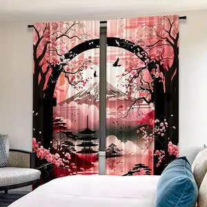 2 Piece Japanese Style Digital Print Curtains, Privacy Protection Drapes for Bedroom Living Room Kitchen Office Game Room Home Decor