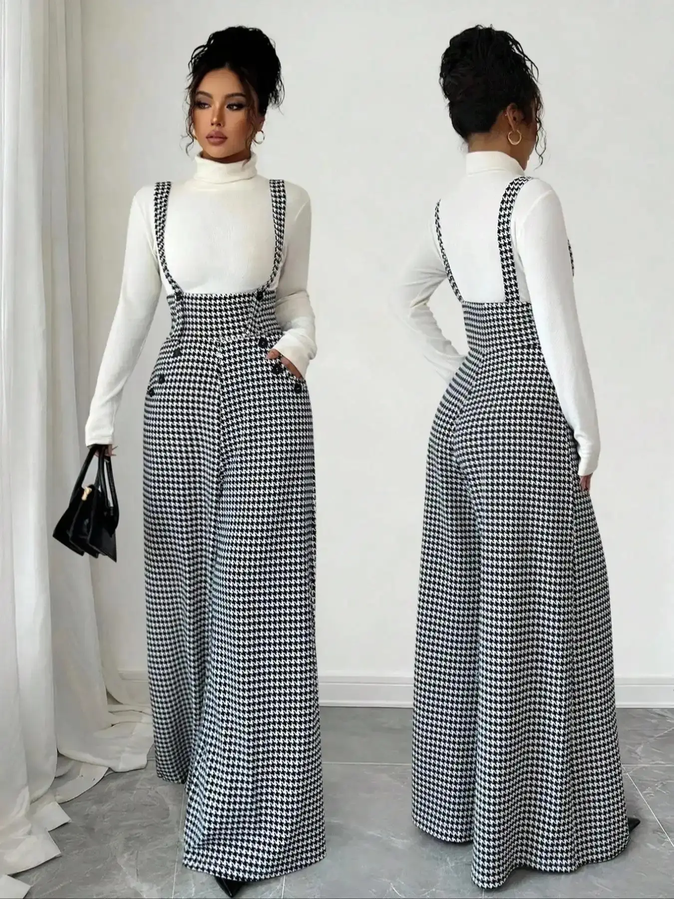 Women's Knitted Plaid Print Houndstooth Wide Leg Pants, Front Pocket Button Design, Fashionable Elegant Daily Commuter Overalls, Fall Winter, Womenswear
