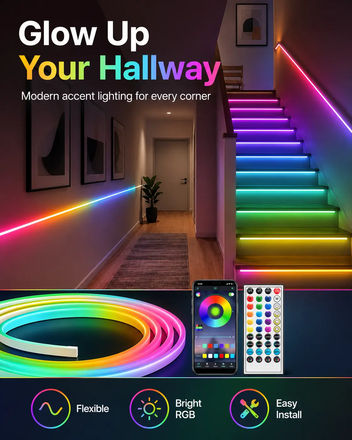 3Premium Silicone Cuttable RGB LED Strip Lights (RGB Lights) - 16M+ Colors, APP Control, Included Remote, IP65 Waterproof, USB Powered, Soft Glow for Cozy Indoor Vibe