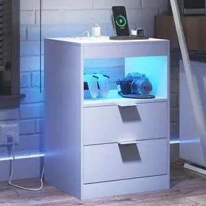 Sikaic LED Nightstand with Wireless Charging Station Modern Bedside Table White Furniture Drawer Key Control APP Control Over 60000 Light Colors Pull-Out Tray