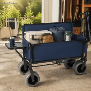 Collapsible Folding Wagon, ARCH 3-in-1 Heavy-Duty Trolley with Bench Seat and Rear-Mounted Folding Tabletop - 500lbs Capacity, 9"x4" Beach Tires for Camping, Beach, Dark Blue