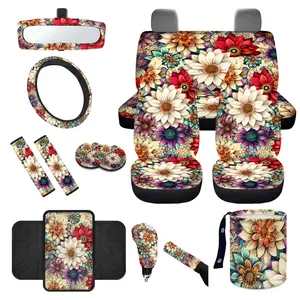 Boho Mandala Flower Car Seat Covers Set for Women, Colorful Aztec Auto Decor with Steering Wheel Cover, Armrest Cover, Coaster, Safety Belt Pads for Men and Women, Fi Most Cars Durable Stretch Non Slip