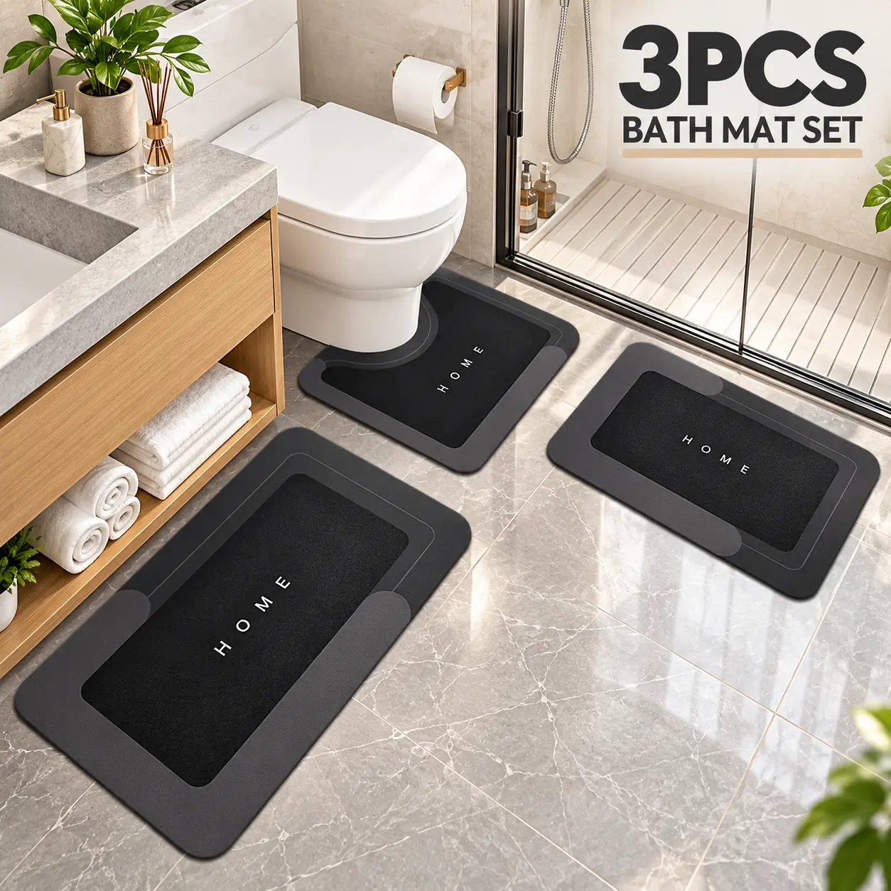 3 Piece Bathroom Rug Set, Soft Absorbent Bath Mats with U-Shaped Toilet Mat, Non Slip Floor Rugs for Shower, Tub, Sink & Toilet, Black Gray Bathroom Decor