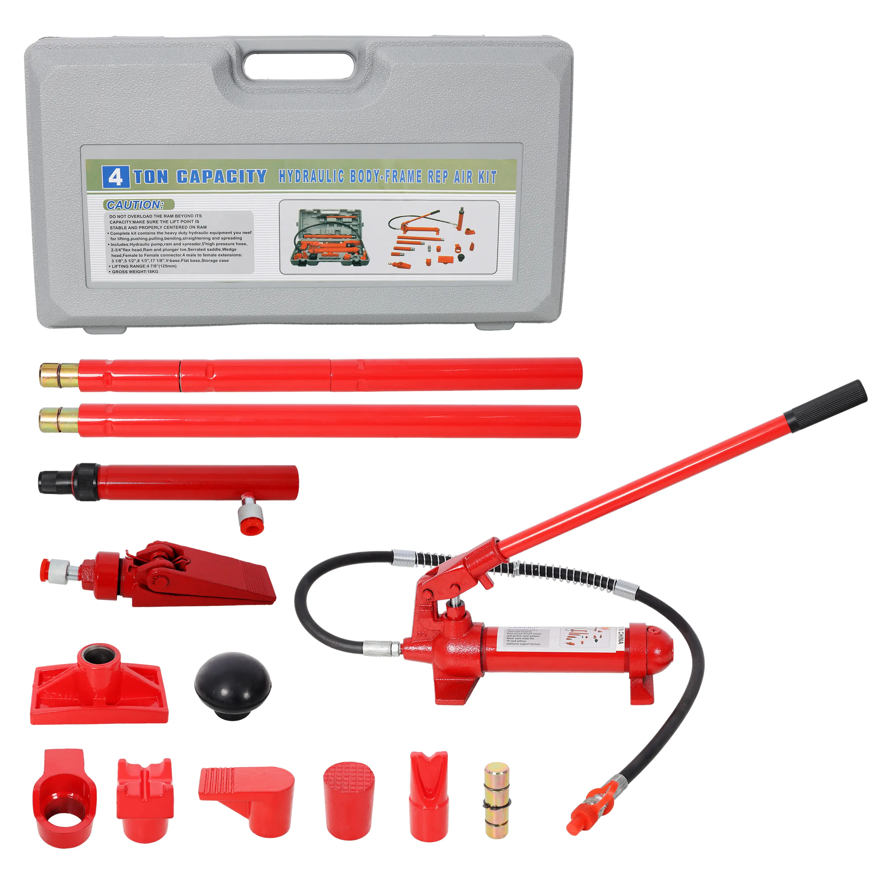 Portable Hydraulic Porta Power Kit (4T/10T) with Ram, Hydraulic Pump, Spreader, Connector, Oil Hose, Powder Coating - Auto Body Frame Repair Tool Kit with Storage Case for Car, Truck Repair